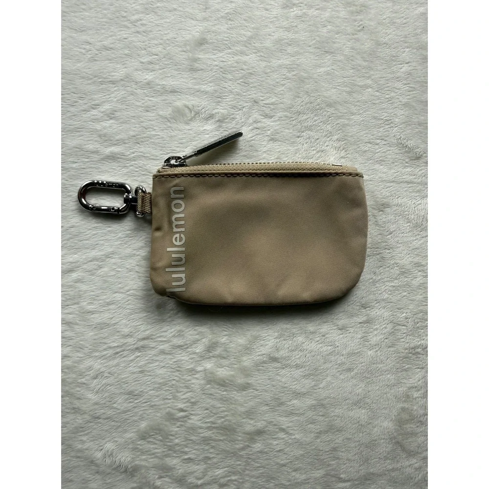 Lululemon Nano Pouch Tan Beige Keychain Coin Purse Wallet Mini Bag Silver Clip